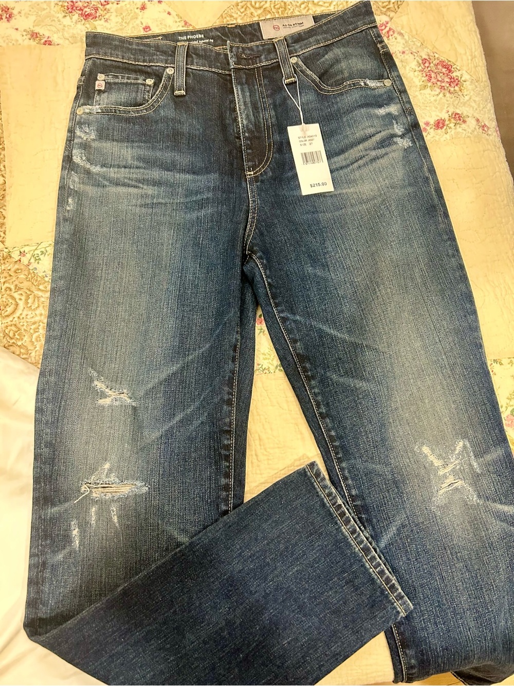 AG Adriano Goldschmied Blue Distressed Straight-Leg Jeans